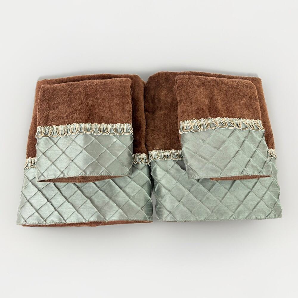 Sherry Kline Brown Bathroom Towel Set Pleated Green Diamonds 4 Pcs